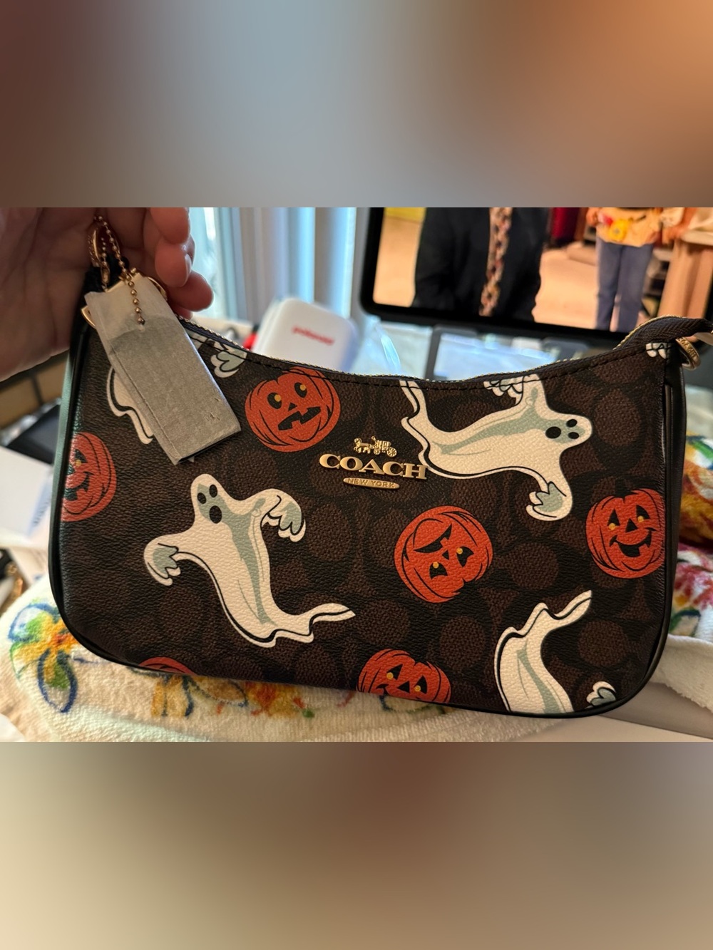 Coach Mini Shoulder Bag in Brown with Orange & White Halloween Print - Picture 1 of 12